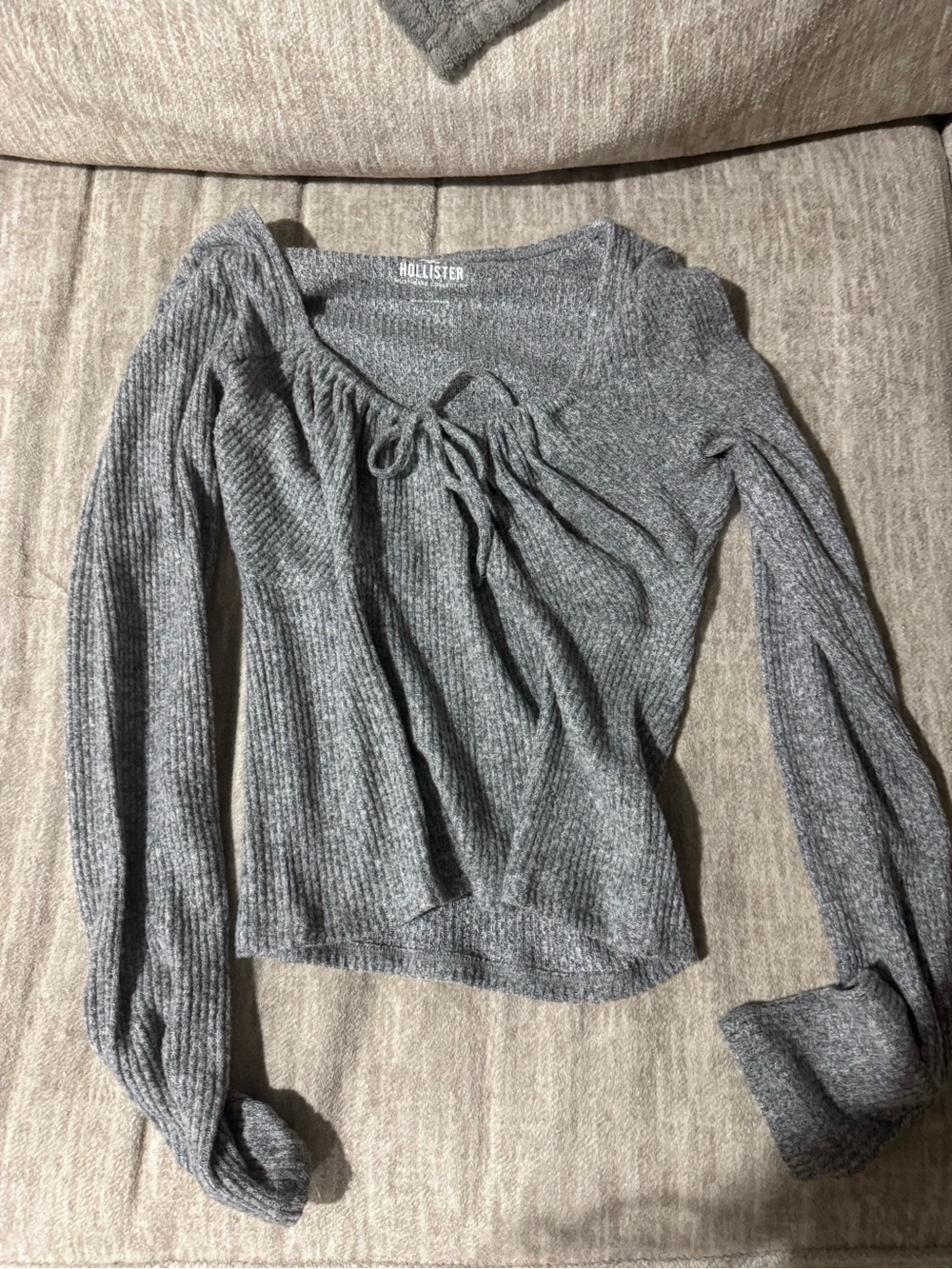 Hollister Gray Ribbed Off-Shoulder Tie-Front Sweater